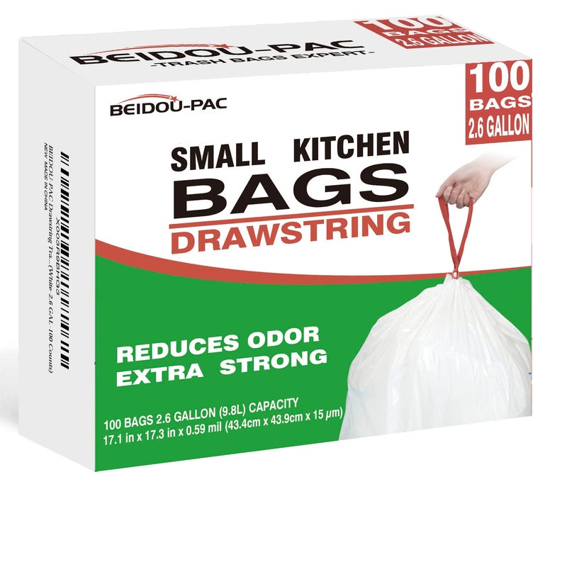 BEIDOU-PAC Trash Bags 2.6 Gallon Drawstring, 100 Count, Multifold Roll Garbage Bags, Small Kitchen Trash Bags, Odorless & Extra Thick White Plastic Food Scrap Bag for Home Office Bathroom Kitchen Bins - Image 1